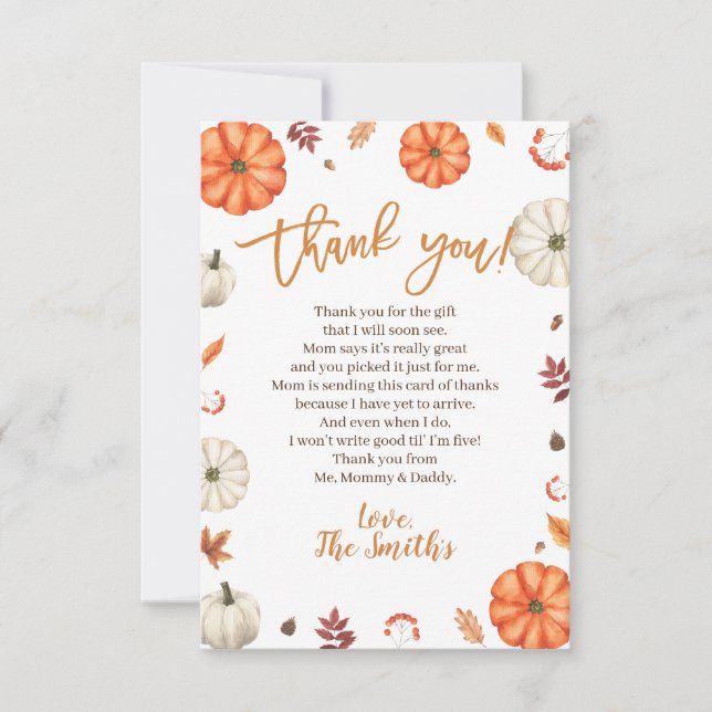 Little Pumpkin Baby Shower Thank You Cards Tack Kort (Framsida)