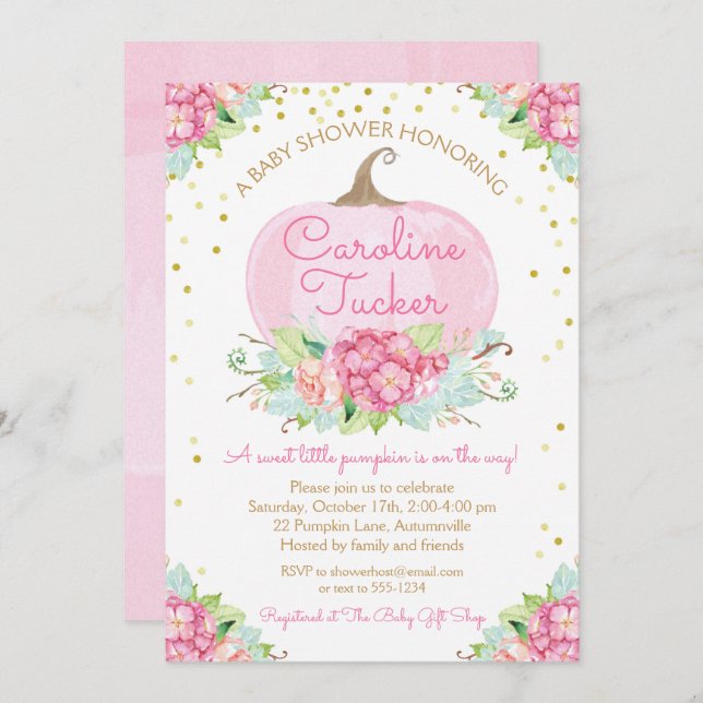 Little Pumpkin Baby Shower Watercolor Rosa Guld Inbjudningar (Fram/baksida)