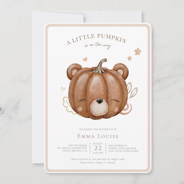 Little Pumpkin Bear Fall Baby Shower Neutralt Inbjudningar (Framsida)