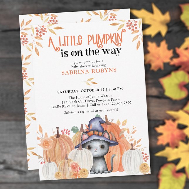 Little Pumpkin Black Cat in Witch Hat Baby Shower Inbjudningar (available printed or as a printable download)