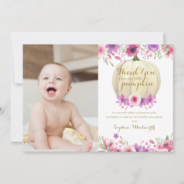 Little Pumpkin Blommigt 1st Birthday Photo Tack Kort (Framsida)