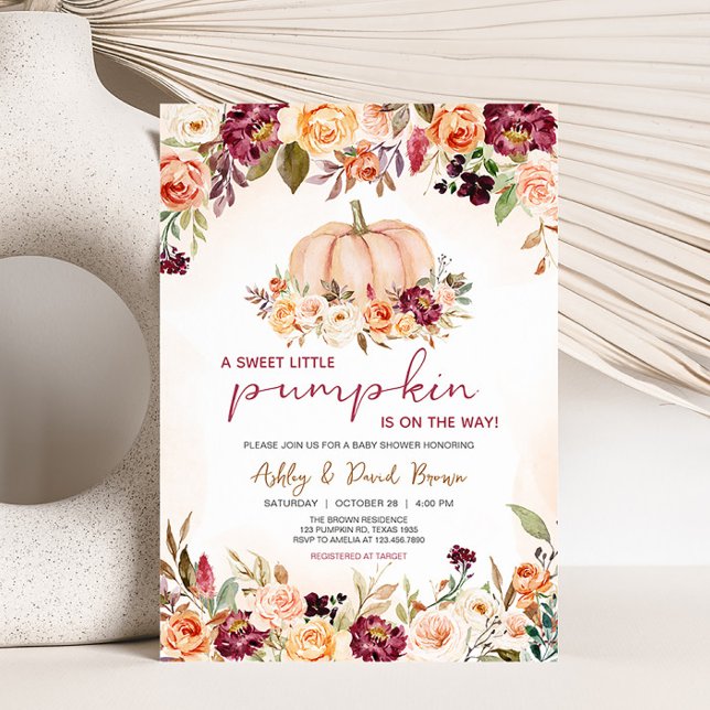 Little Pumpkin Blommigt Burgundy Baby Shower Inbjudningar (Burgundy Floral Baby Shower Invitation )