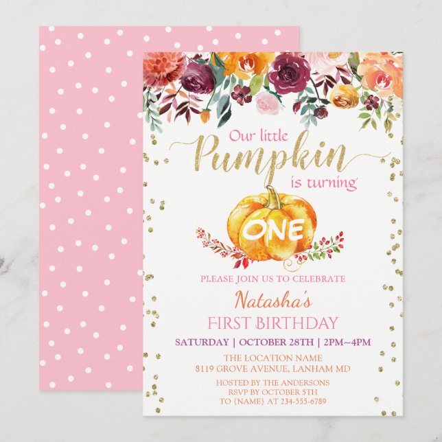 Little Pumpkin Blommigt Girl Baby 1st Birthday Par Inbjudningar (Fram/baksida)