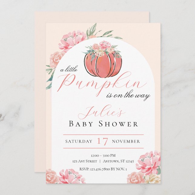 Little Pumpkin Blommigt Girl Baby Shower Inbjudningar (Fram/baksida)
