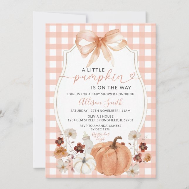 Little Pumpkin Blommigt Orange Gingham Baby Shower Inbjudningar (Framsida)