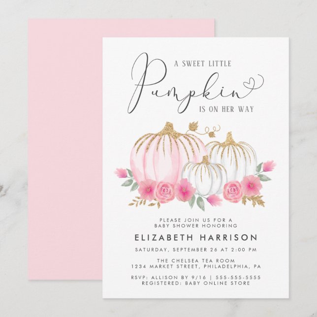 Little Pumpkin Blommigt Watercolor Flicka Inbjudningar (Fram/baksida)