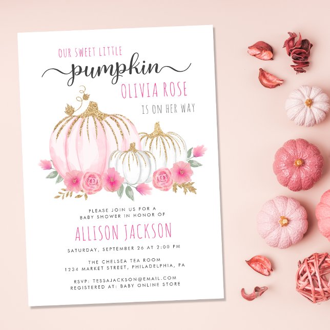 Little Pumpkin Blommigt Watercolor Flicka Shower Inbjudningar (Celebrate the upcoming arrival of your sweet autumn baby girl with a pumpkin-themed baby shower)