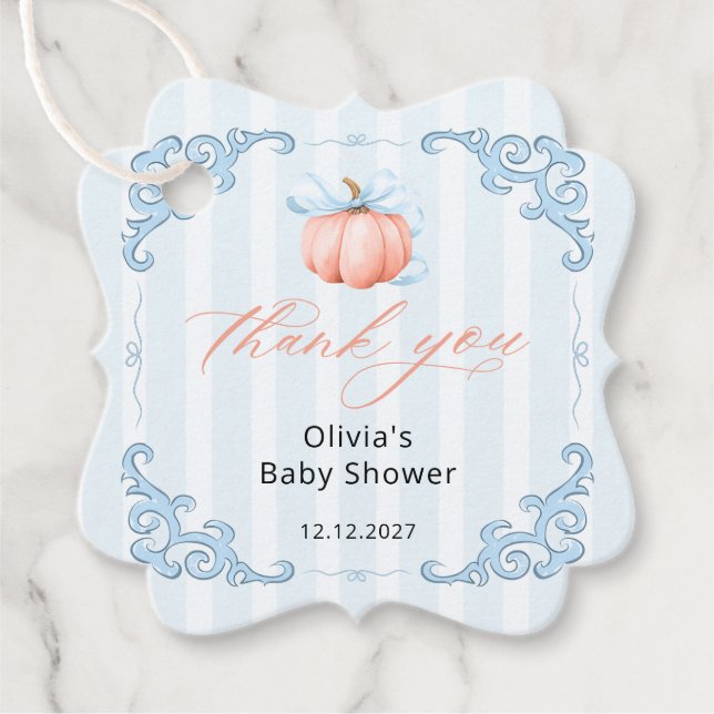 Little Pumpkin Blue Bow Baby Shower Tack Gåvor Etiketter (Framsida)