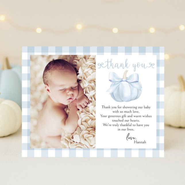 Little Pumpkin Blue Bow Photo Baby Shower Tack Kort (Skapare uppladdad)