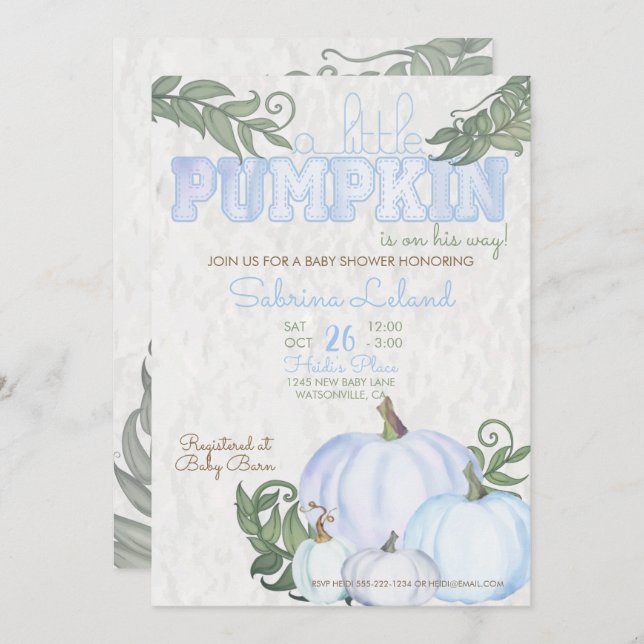 Little Pumpkin Blue Boy Baby Shower Inbjudningar (Fram/baksida)