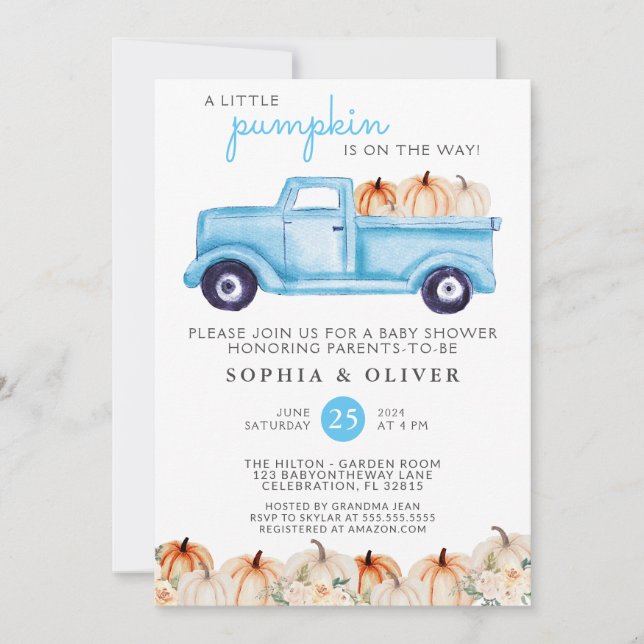 Little Pumpkin Blue Boy Par Baby Shower Inbjudningar (Framsida)