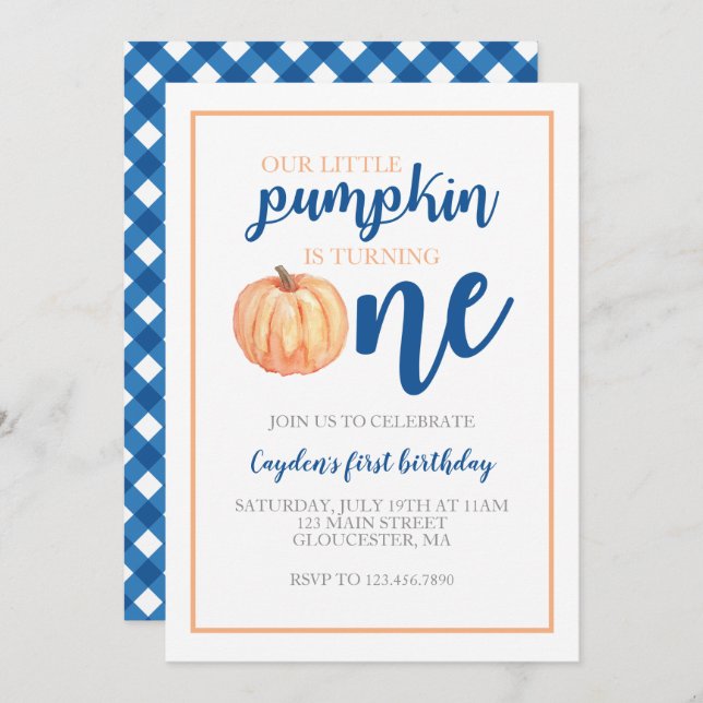 Little Pumpkin Blue Fall First Birthday Inbjudningar (Fram/baksida)