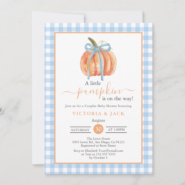 Little Pumpkin Blue Gingham Fall Baby Shower Inbjudningar (Framsida)