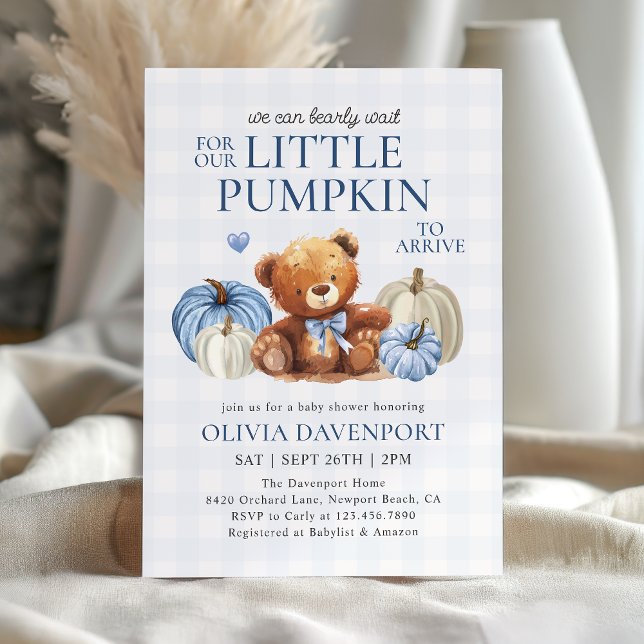 Little Pumpkin Blue Gingham Fall Boy Shower Inbjudningar (Skapare uppladdad)