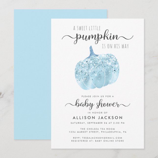 Little Pumpkin Blue Glitter Gnistra Baby Shower Inbjudningar (Fram/baksida)