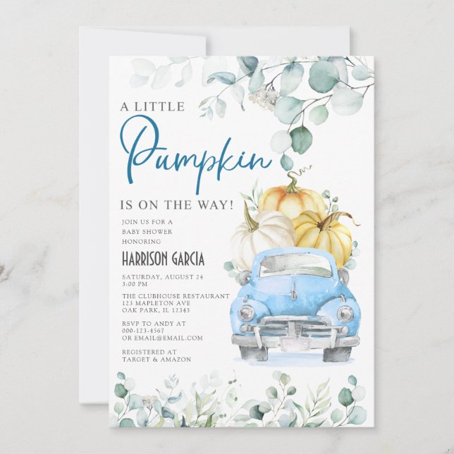 Little Pumpkin Blue Lastbil Baby Shower Inbjudningar (Framsida)
