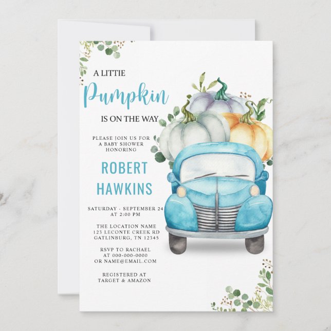 Little Pumpkin Blue Lastbil Baby Shower Inbjudningar (Framsida)