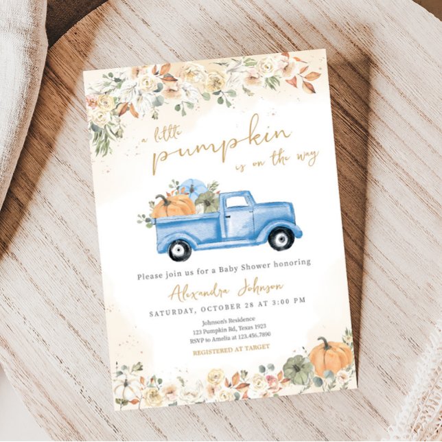 Little Pumpkin Blue Lastbil Baby Shower Inbjudningar (Pumpkin Blue Truck Baby Shower Invitation)