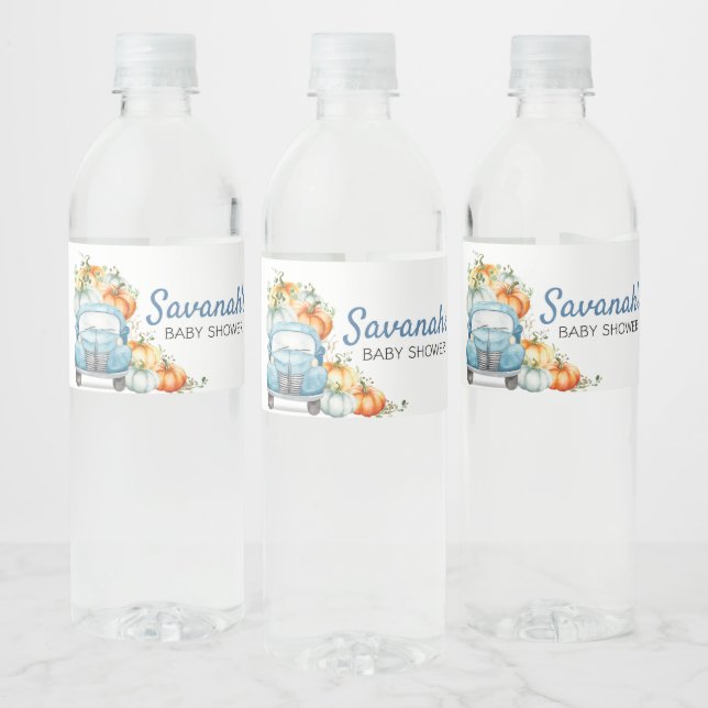 Little Pumpkin Blue Lastbil Baby Shower Vattenflaskor Etikett (Flaskor)