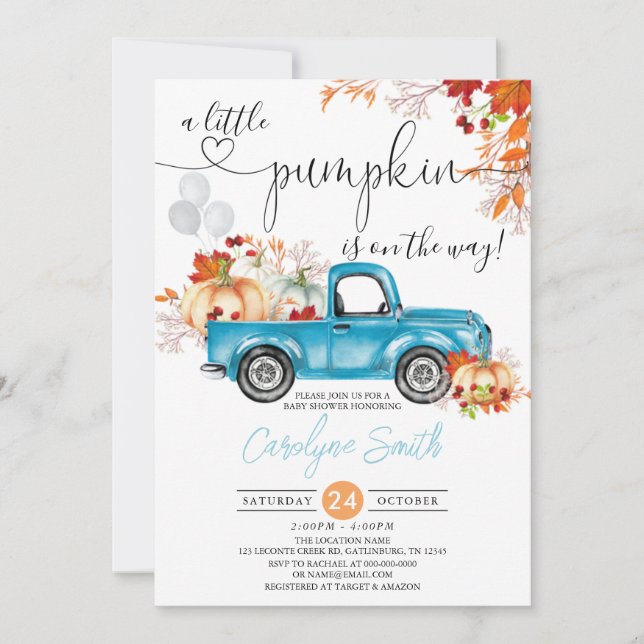 Little Pumpkin Blue Lastbil Fall Baby Shower Inbjudningar (Framsida)