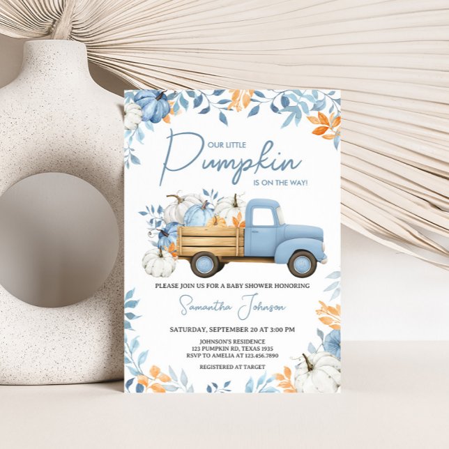 Little Pumpkin Blue Lastbil Fall Baby Shower Inbjudningar (Blue Little Pumpkin Truck Fall Baby Shower Invitation)