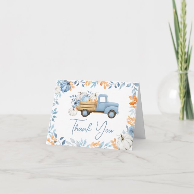 Little Pumpkin Blue Lastbil Fall Baby Shower Tack Kort (Framsida)