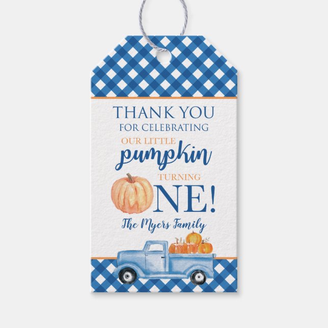 Little Pumpkin Blue Lastbil Fall First Birthday Gi Presentetikett (Framsidan)