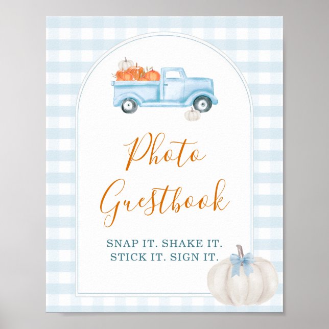 Little Pumpkin Blue Lastbil Gingham Photo Guestboo Poster (Framsidan)