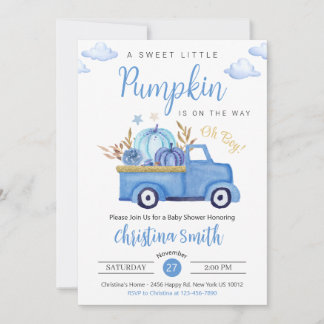 Little Pumpkin Blue Rustic Lastbil Pojke Shower Inbjudningar