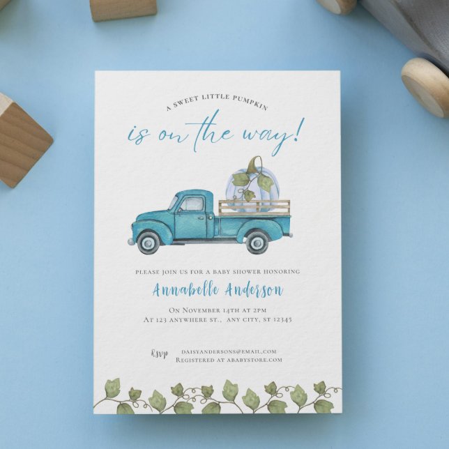 Little Pumpkin Blue water Boy Baby Shower Inbjudningar (Little Pumpkin Blue watercolor Boy Baby Shower Invitation)