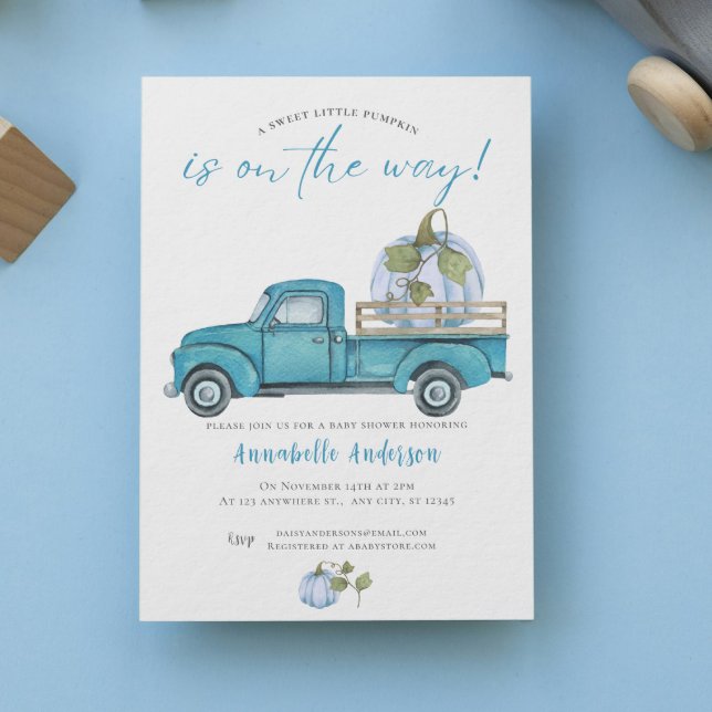 Little Pumpkin Blue water Boy Baby Shower Inbjudningar (Little Pumpkin Blue watercolor Boy Baby Shower Invitation)