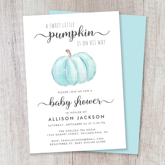 Little Pumpkin Blue Watercolor Pojke Shower Inbjudningar (Celebrate the upcoming arrival of your autumn baby boy with a pumpkin-themed baby shower)