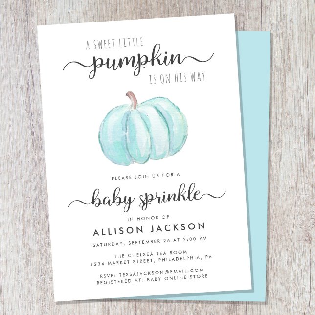 Little Pumpkin Blue Watercolor Pojke Sprinkle Inbjudningar (Celebrate the upcoming arrival of your little autumn baby boy with a pumpkin-themed baby sprinkle)