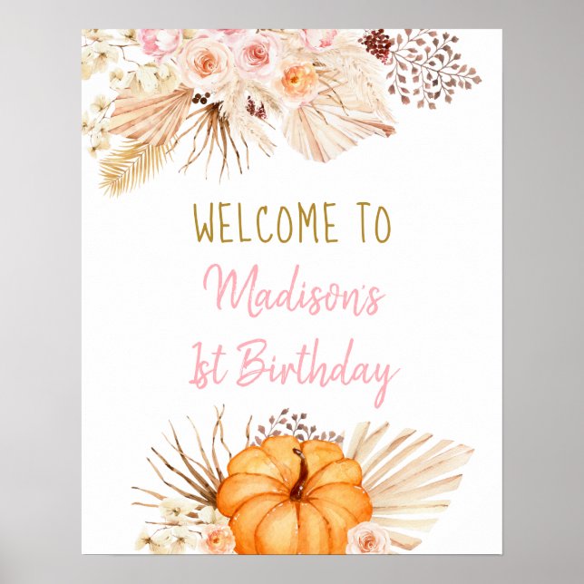 Little Pumpkin Boho Blommigt Birthday Välkommen Poster (Framsidan)