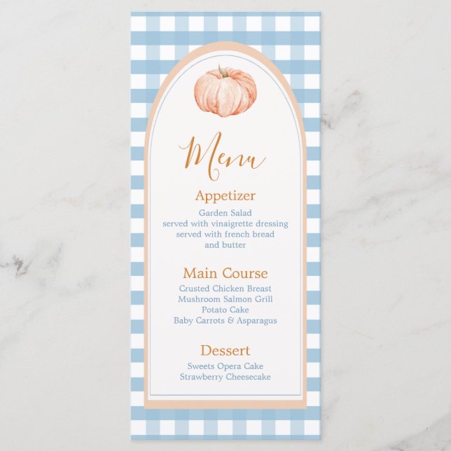 Little Pumpkin Boho Blue Gingham Birthday Meny (Framsida)