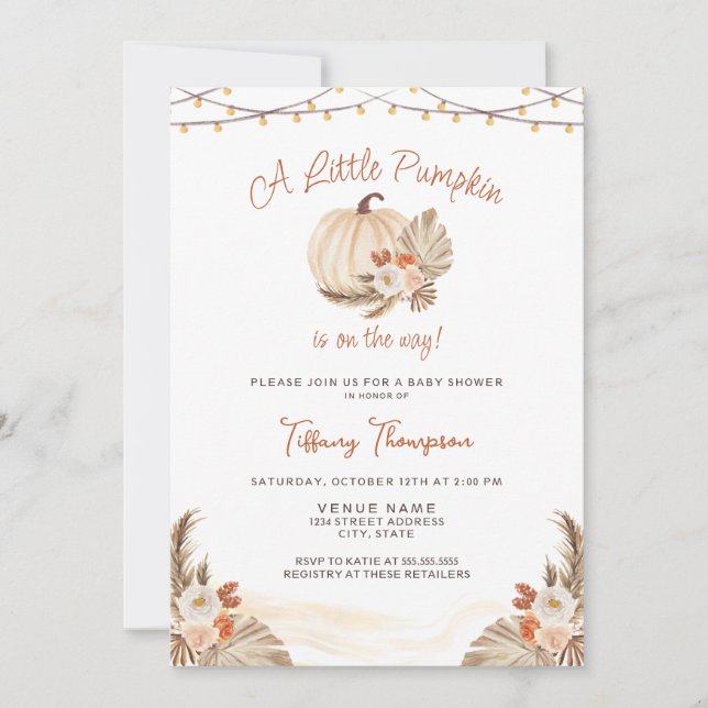 Little Pumpkin Boho Pampas Grass Fall Baby Shower Inbjudningar (Framsida)