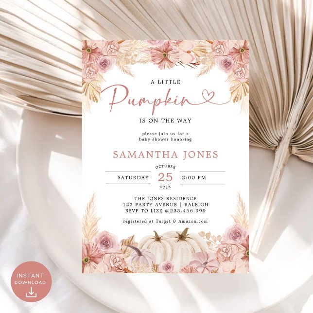 Little Pumpkin Boho Rosa Pampas Grass Baby Shower Inbjudningar (Skapare uppladdad)