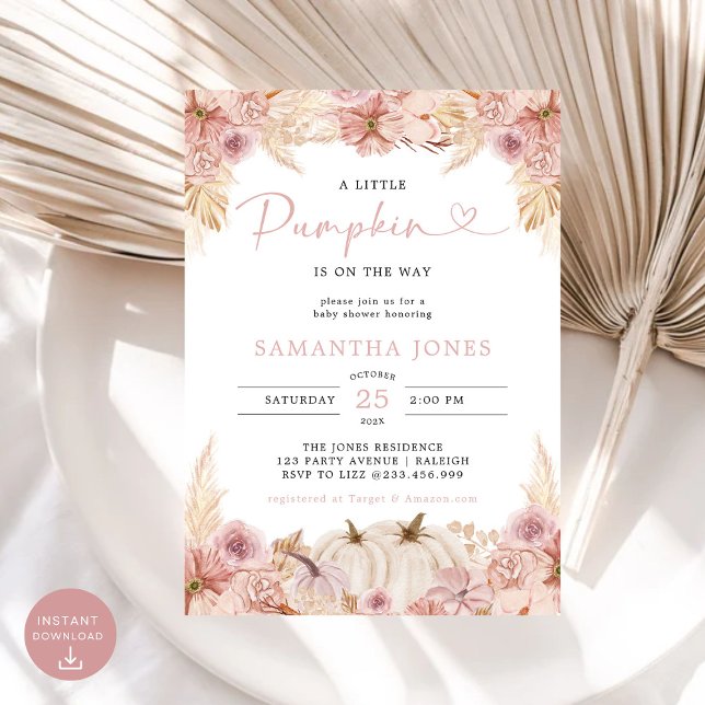 Little Pumpkin Boho Rosa Pampas Grass Baby Shower Inbjudningar (Skapare uppladdad)