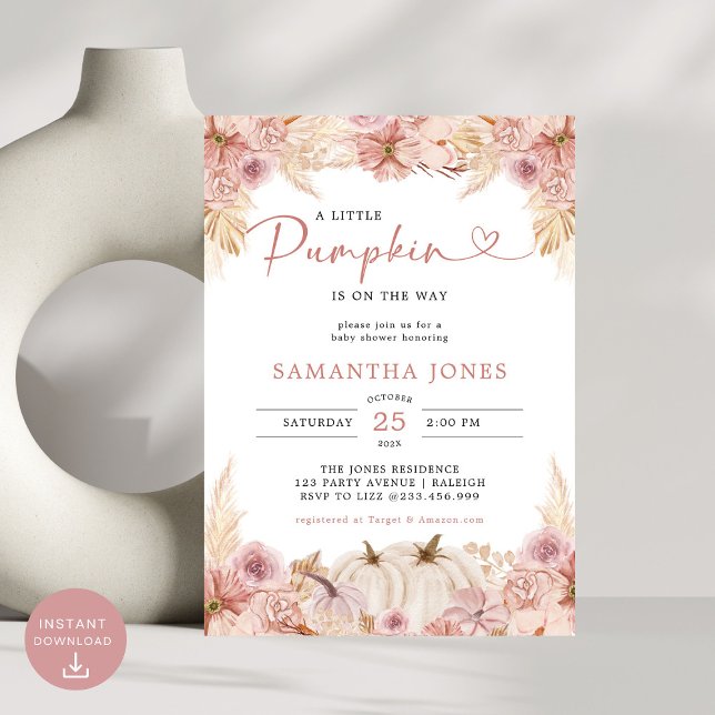 Little Pumpkin Boho Rosa Pampas Grass Baby Shower Inbjudningar (Skapare uppladdad)