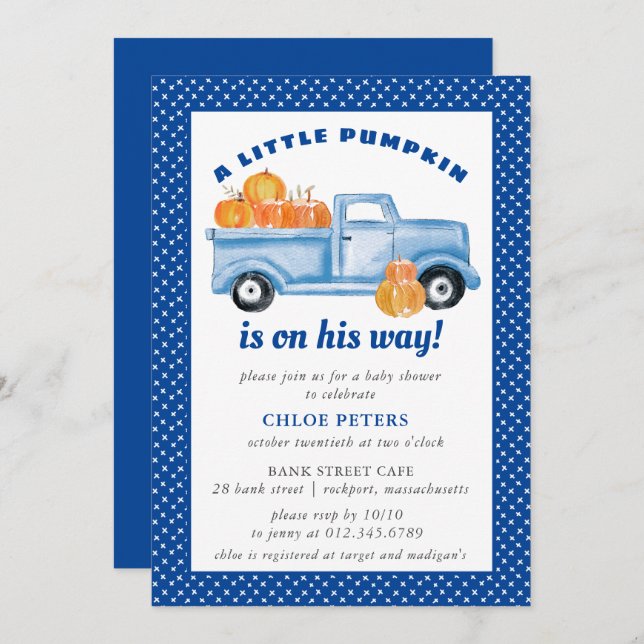 Little Pumpkin Boy Blue Lastbil Fall Baby Shower Inbjudningar (Fram/baksida)