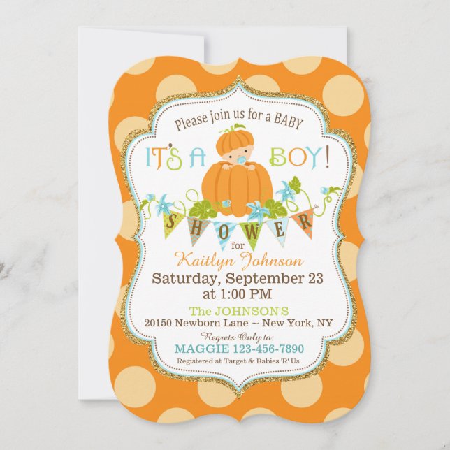 Little Pumpkin Boy Fall Baby Shower-inbjudningar Inbjudningar (Framsida)