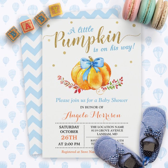 Little Pumpkin Boy Guld Blue Fall Baby Shower Inbjudningar (Skapare uppladdad)
