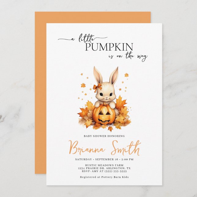 Little Pumpkin Bunny baby djur fall Baby Shower Inbjudningar (Fram/baksida)