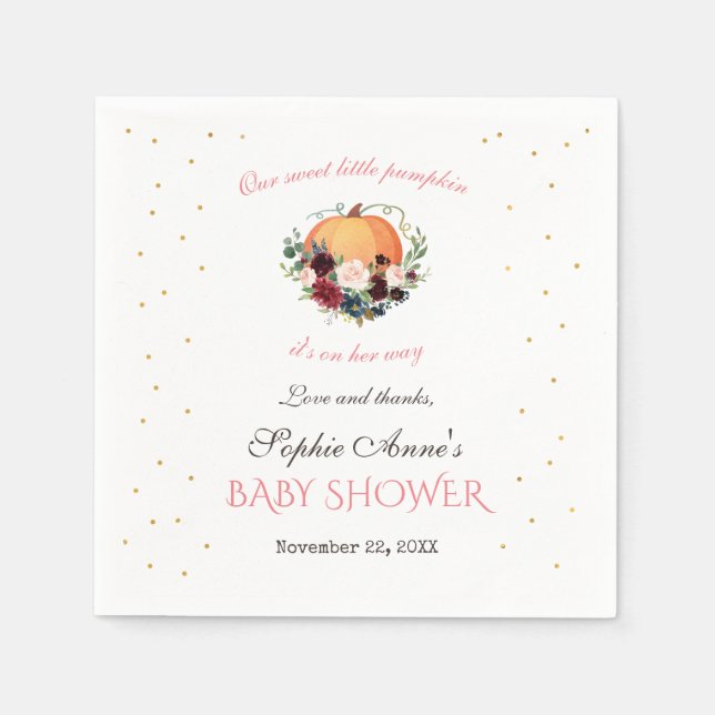 Little Pumpkin Burgundy Blommigt Baby Shower Pappersservett (Framsidan)