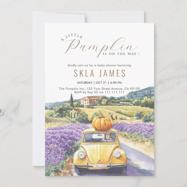 Little Pumpkin Car Fall Autumn Babyduschen Inbjuda Tack Kort (Framsida)