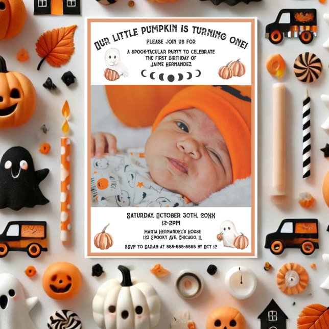 Little Pumpkin Cute Ghost Photo 1st Birthday Inbjudningar (Skapare uppladdad)