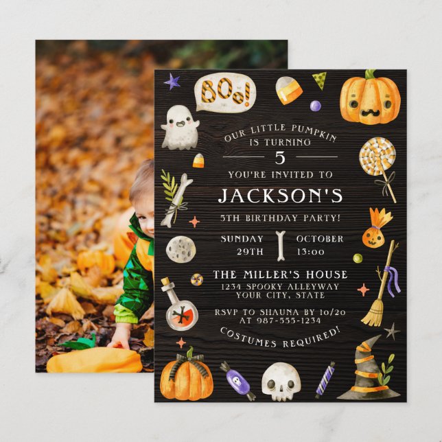 Little Pumpkin | Cute Halloween Birthday Photo Inbjudan Vykort (Fram/baksida)