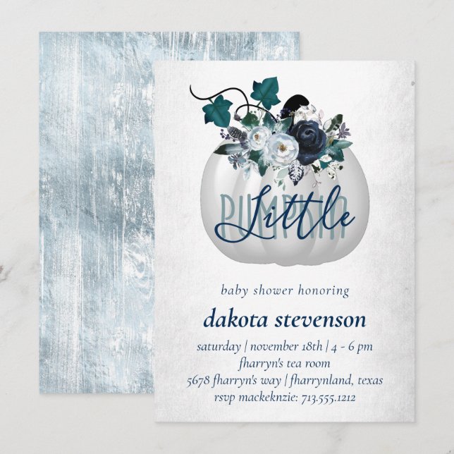 Little Pumpkin | Dusty Blue Blommigt Baby Shower Inbjudningar (Fram/baksida)