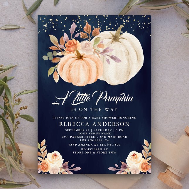 Little Pumpkin Earthy Blommigt Navy Blue Baby Show Inbjudningar (Skapare uppladdad)