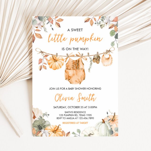 Little Pumpkin Fall Autumn Baby Shower  Inbjudningar (Little Pumpkin Fall Clothesline Baby Shower Invitation)